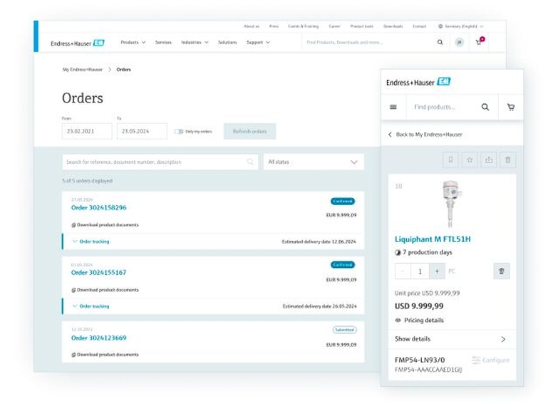 Funciones de transacciones/comercio electrónico de My Endress+Hauser